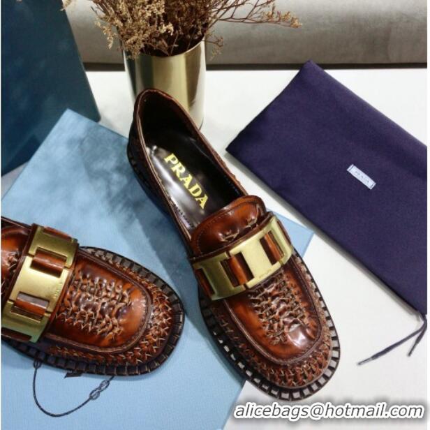 New Style Prada 30 mm Woven Calfskin Loafers 072723 Brown