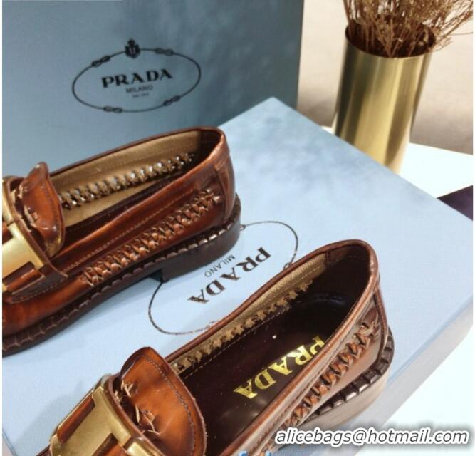 New Style Prada 30 mm Woven Calfskin Loafers 072723 Brown