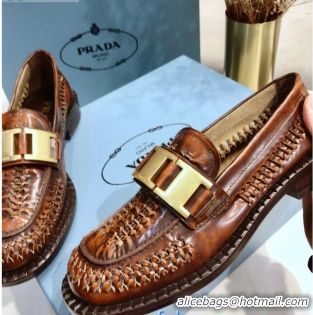 New Style Prada 30 mm Woven Calfskin Loafers 072723 Brown