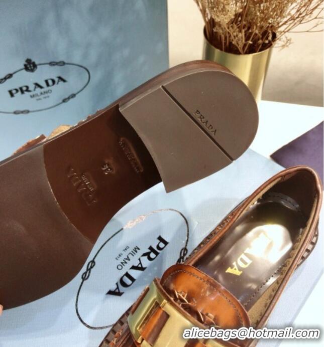 New Style Prada 30 mm Woven Calfskin Loafers 072723 Brown