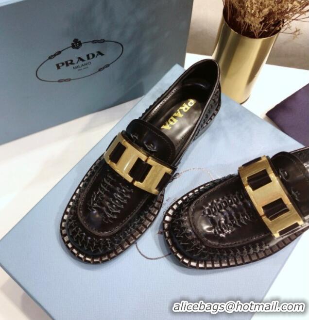 Good Quality Prada 30 mm Woven Calfskin Loafers 072723 Black 