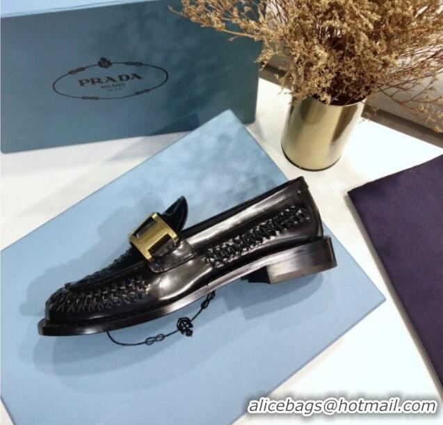 Good Quality Prada 30 mm Woven Calfskin Loafers 072723 Black 