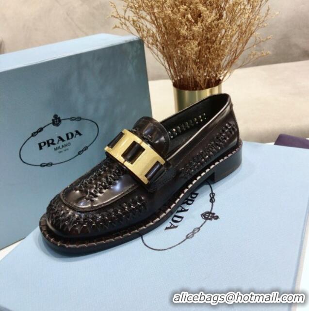 Good Quality Prada 30 mm Woven Calfskin Loafers 072723 Black 