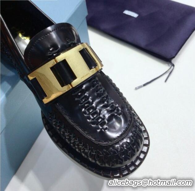 Good Quality Prada 30 mm Woven Calfskin Loafers 072723 Black 