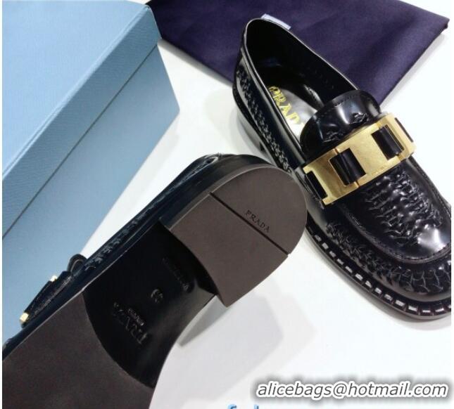 Good Quality Prada 30 mm Woven Calfskin Loafers 072723 Black 