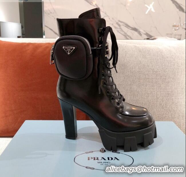 Low Price Prada Shiny Leather Heel Platform Short Boots with Nylon Pouch 102032 Black