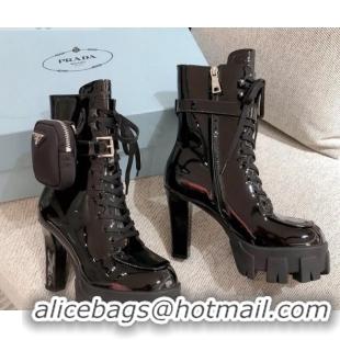 Well Crafted Prada Patent Leather Heel Platform Short Boots with Nylon Pouch 102034 Black