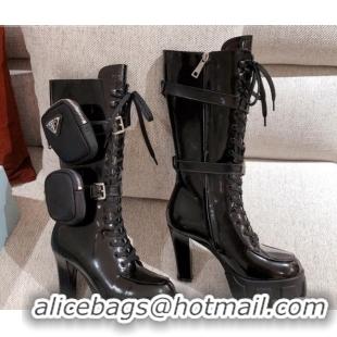 Affordable Price Prada Shiny Leather Heel Platform High Boots with Nylon Pouch 102035 Black