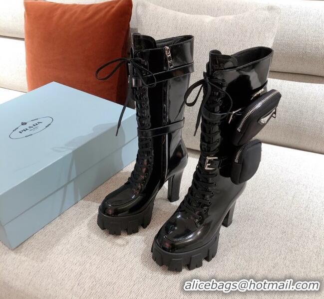 Affordable Price Prada Shiny Leather Heel Platform High Boots with Nylon Pouch 102035 Black