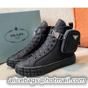 Low Price Prada Wheel Re-Nylon Gabardine High-top Sneakers with Pouch 102038 Black