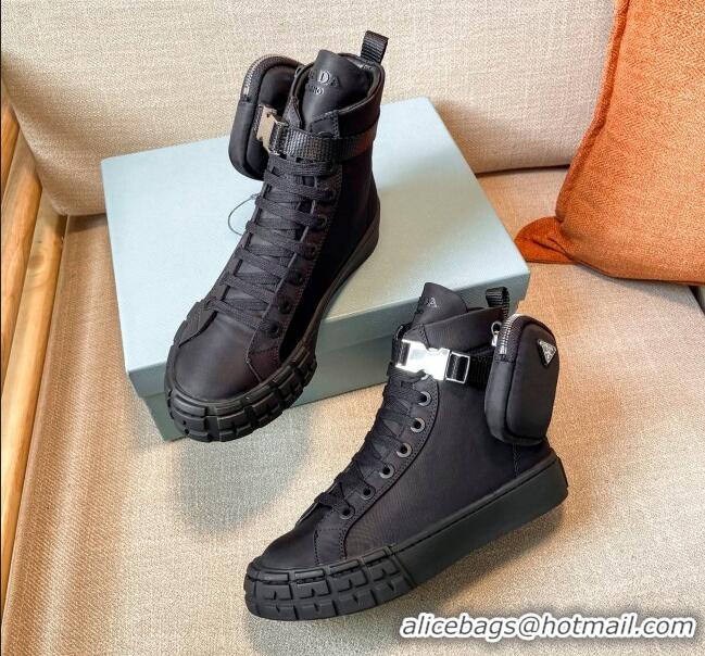 Low Price Prada Wheel Re-Nylon Gabardine High-top Sneakers with Pouch 102038 Black