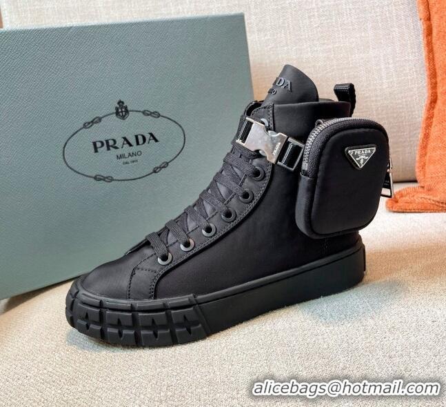 Low Price Prada Wheel Re-Nylon Gabardine High-top Sneakers with Pouch 102038 Black