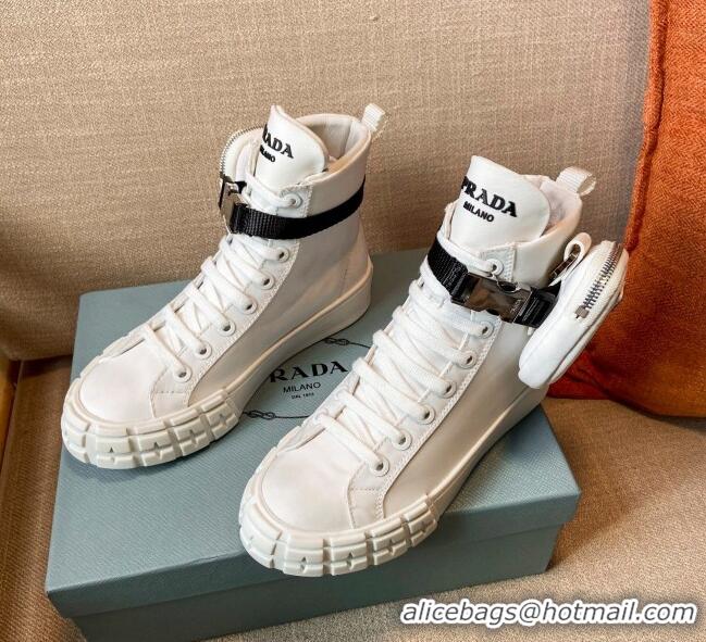 Best Price Prada Wheel Re-Nylon Gabardine High-top Sneakers with Pouch 102038 White