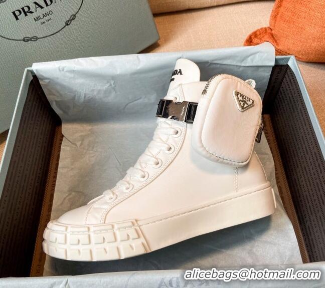 Best Price Prada Wheel Re-Nylon Gabardine High-top Sneakers with Pouch 102038 White