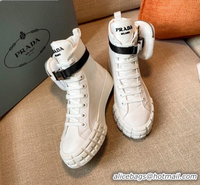 Best Price Prada Wheel Re-Nylon Gabardine High-top Sneakers with Pouch 102038 White