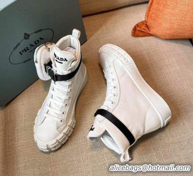 Best Price Prada Wheel Re-Nylon Gabardine High-top Sneakers with Pouch 102038 White