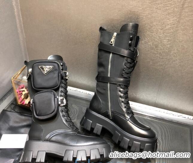 Cute Prada Calfskin Platform High Boots with Nylon Pouches 102241 Black