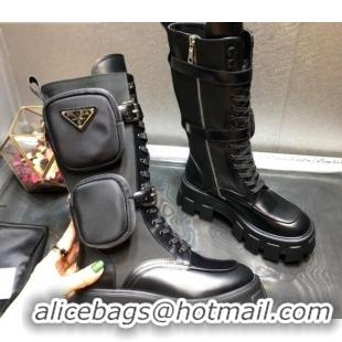 Good Product Prada Shiny Leather Platform High Boots with Nylon Pouches 102242 Black