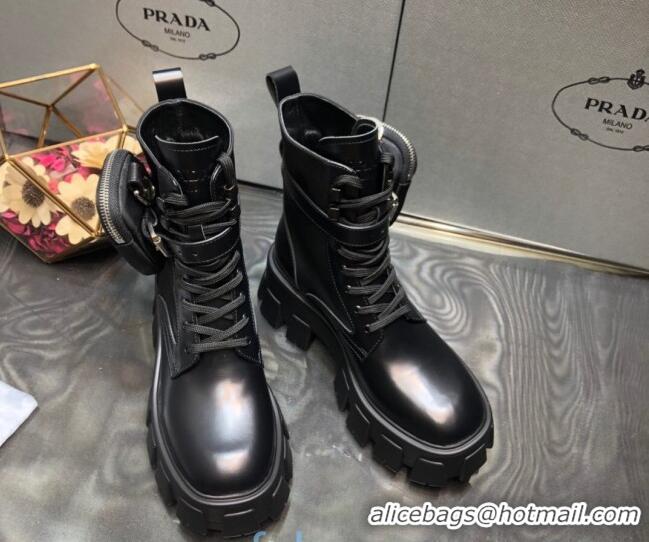 Top Quality Prada Shiny Leather Platform Short Boots with Nylon Pouch 102245 Black