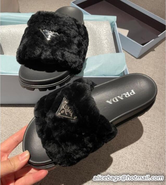 Best Luxury Prada Wool Flat Mule 3 cm Sandals 010804 Black