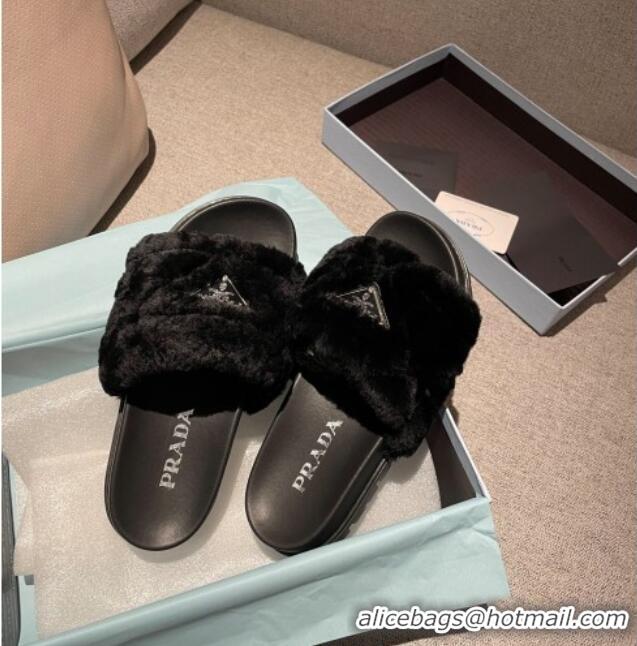 Best Luxury Prada Wool Flat Mule 3 cm Sandals 010804 Black