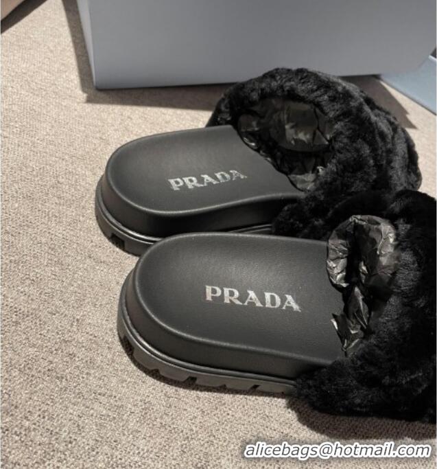 Best Luxury Prada Wool Flat Mule 3 cm Sandals 010804 Black