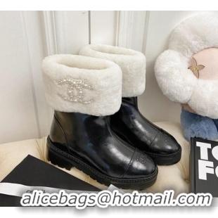 Super Quality Chanel Shiny Leather and Wool Short Boots with Pearl CC 111043 Black