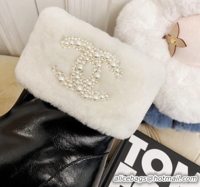 Super Quality Chanel Shiny Leather and Wool Short Boots with Pearl CC 111043 Black