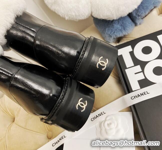 Super Quality Chanel Shiny Leather and Wool Short Boots with Pearl CC 111043 Black