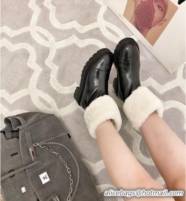 Super Quality Chanel Shiny Leather and Wool Short Boots with Pearl CC 111043 Black