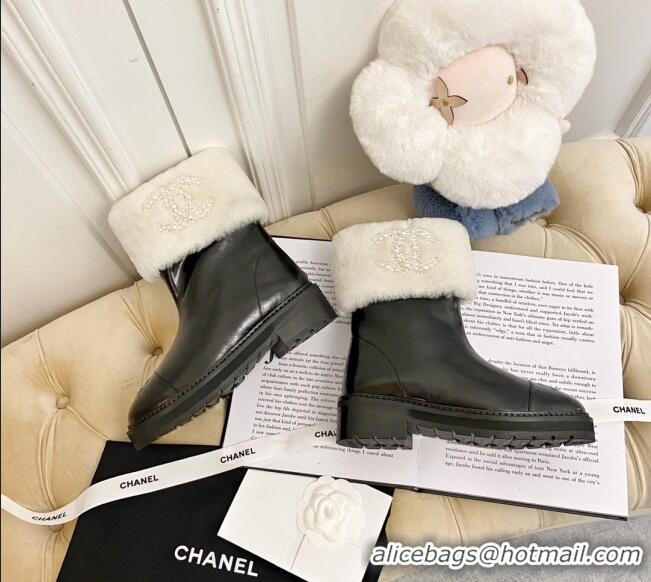 Super Quality Chanel Shiny Leather and Wool Short Boots with Pearl CC 111043 Black