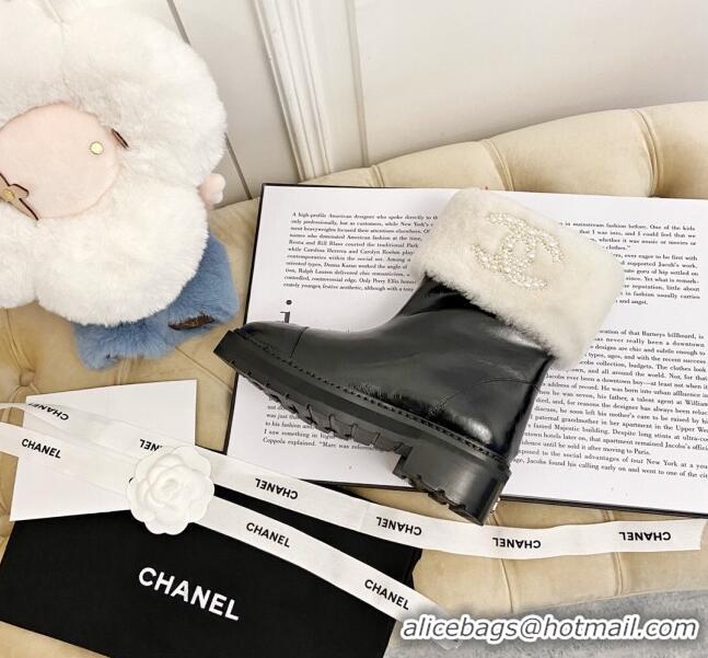 Super Quality Chanel Shiny Leather and Wool Short Boots with Pearl CC 111043 Black