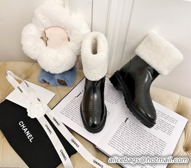 Super Quality Chanel Shiny Leather and Wool Short Boots with Pearl CC 111043 Black