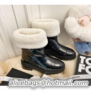 Low Price Chanel Shiny Leather and Wool Short Boots 111044 Black/White