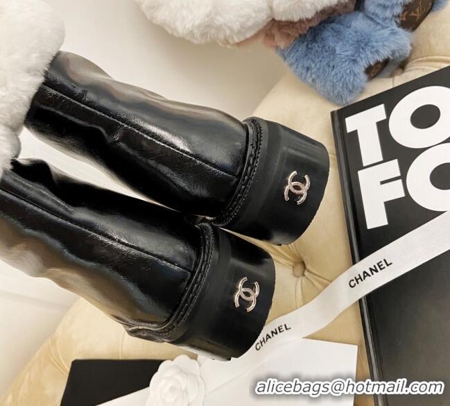 Low Price Chanel Shiny Leather and Wool Short Boots 111044 Black/White