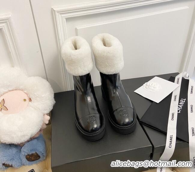 Low Price Chanel Shiny Leather and Wool Short Boots 111044 Black/White