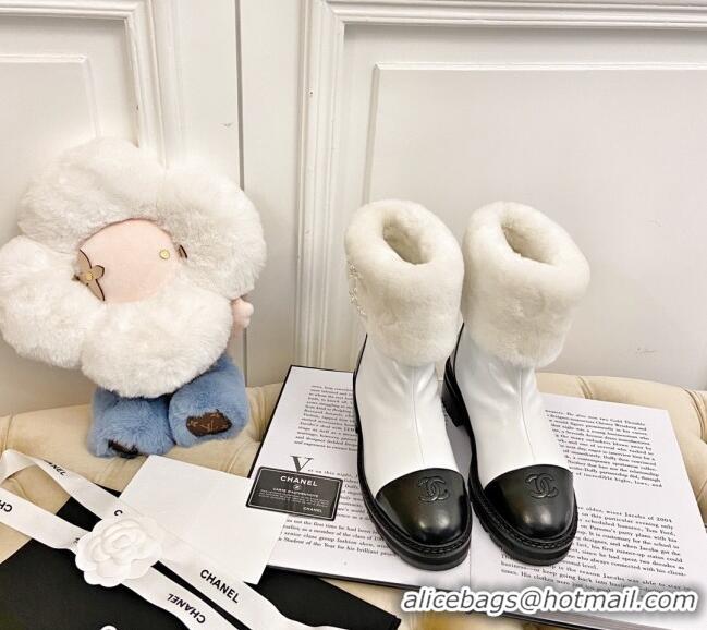 Low Cost Chanel Shiny Leather and Wool Short Boots with Pearl CC White 111045