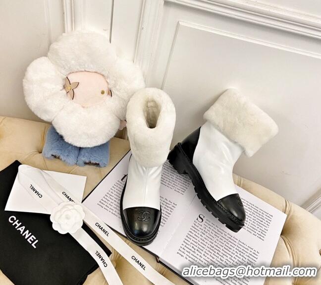 Low Cost Chanel Shiny Leather and Wool Short Boots with Pearl CC White 111045