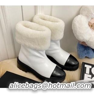 Top Quality Chanel Shiny Leather and Wool Short Boots White/Black 111046