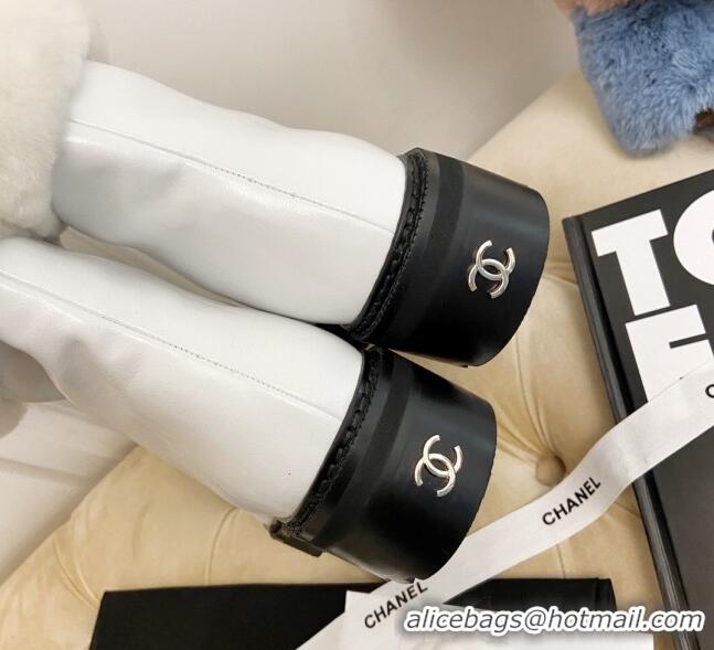 Top Quality Chanel Shiny Leather and Wool Short Boots White/Black 111046