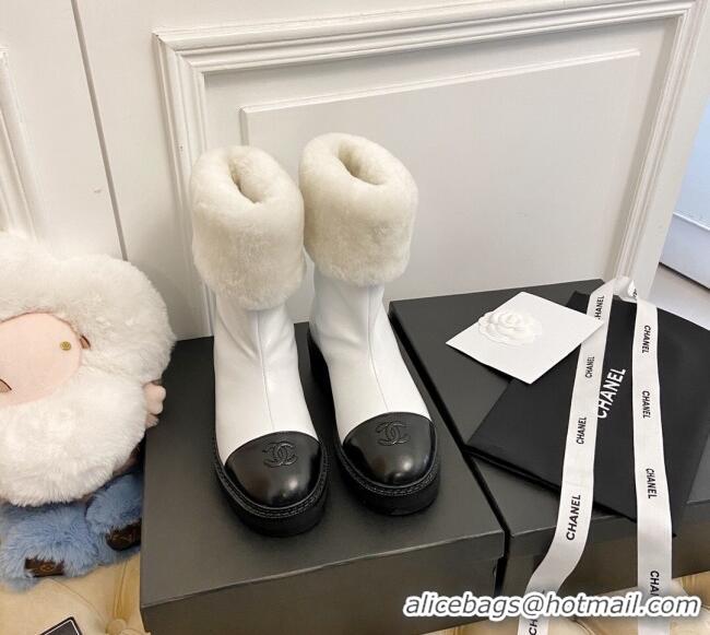 Top Quality Chanel Shiny Leather and Wool Short Boots White/Black 111046