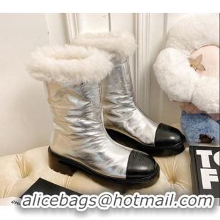 Discount Design Chanel Crinke Leather and Wool Short Boots Silver 111047