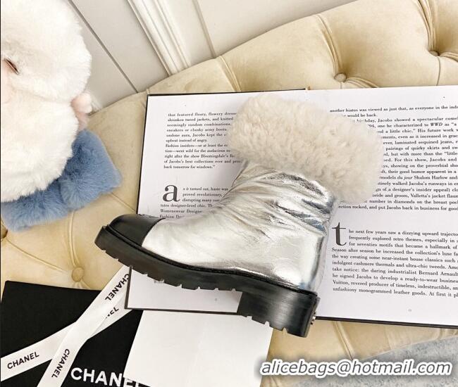 Discount Design Chanel Crinke Leather and Wool Short Boots Silver 111047