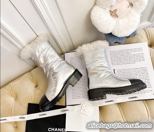 Discount Design Chanel Crinke Leather and Wool Short Boots Silver 111047