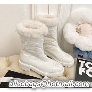 Low Cost Chanel Crinke Leather and Wool Short Boots 111047 White