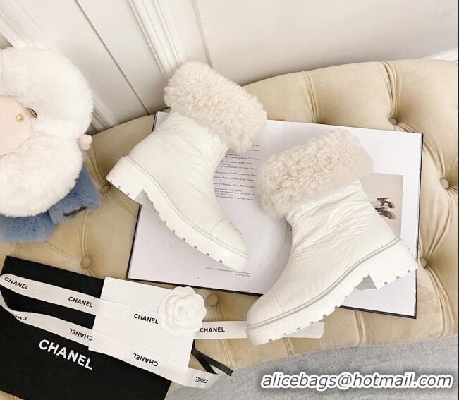 Low Cost Chanel Crinke Leather and Wool Short Boots 111047 White