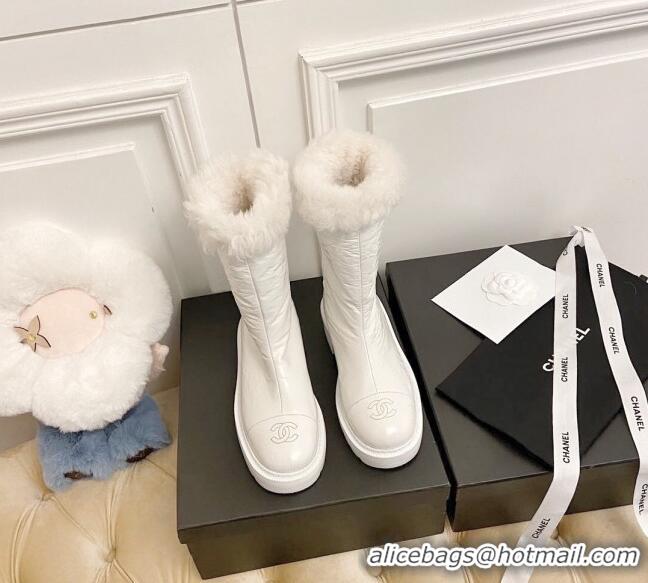 Low Cost Chanel Crinke Leather and Wool Short Boots 111047 White