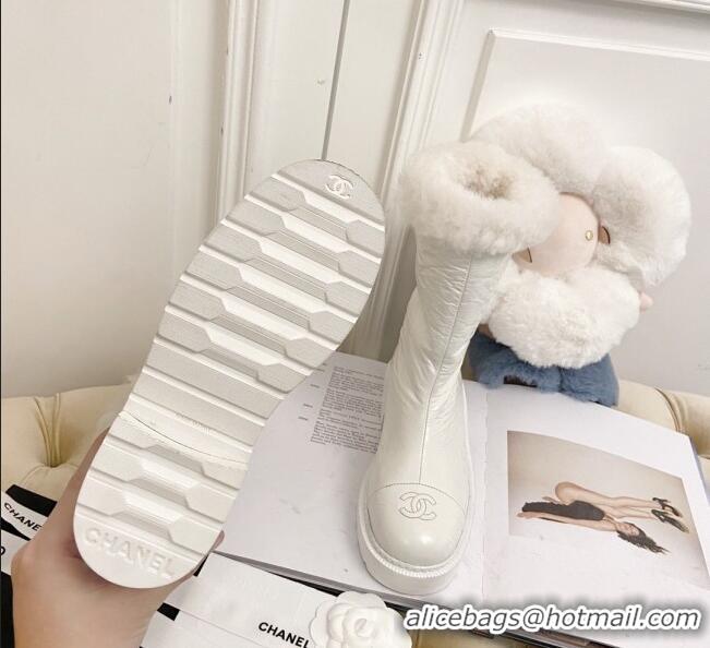 Low Cost Chanel Crinke Leather and Wool Short Boots 111047 White