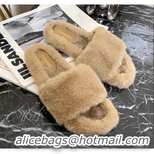 Super Quality Chanel Fur Wide Strap Flat Sandals 111124 Beige