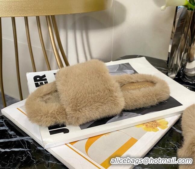 Super Quality Chanel Fur Wide Strap Flat Sandals 111124 Beige